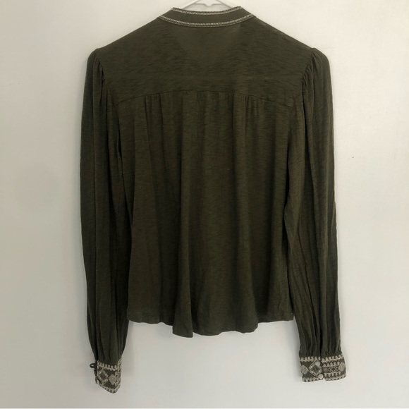 LUCKY BRAND Women Olive Green Embroidery Detail Long Sleeve Blouse Sz XS - Picture 5 of 13